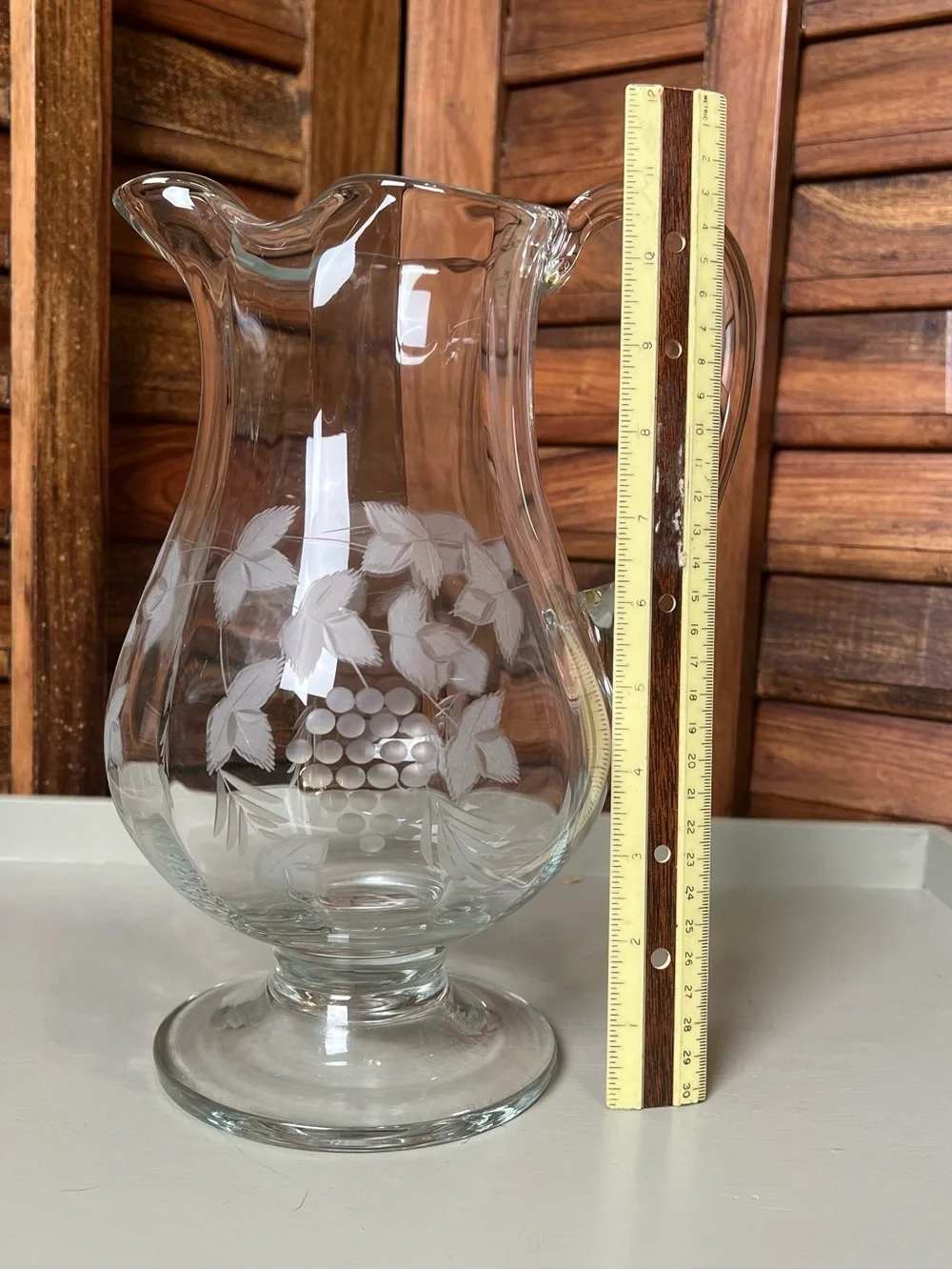 Etched Glass Pitcher with Grapevine Motif - Clear